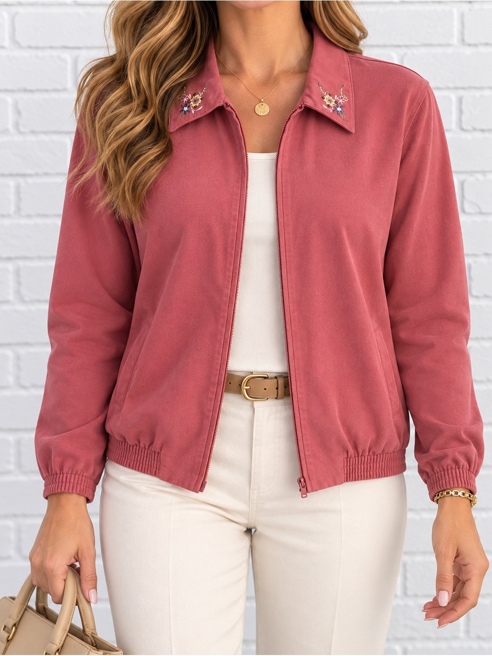 Vintage Alfred Dunner Embroidered Zip Jacket Size 8 Rose Pink Polyester